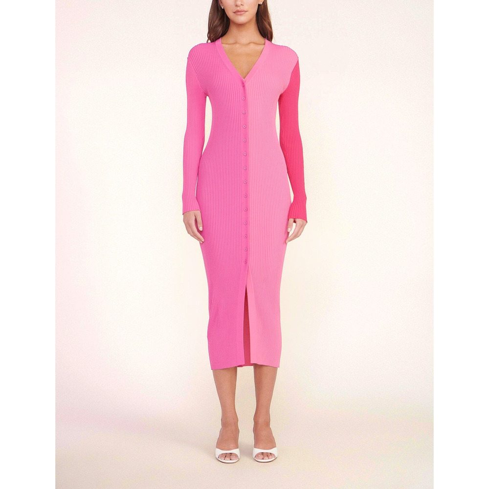 STAUD Pink Ribbed Button-Front Midi Sweater Dress